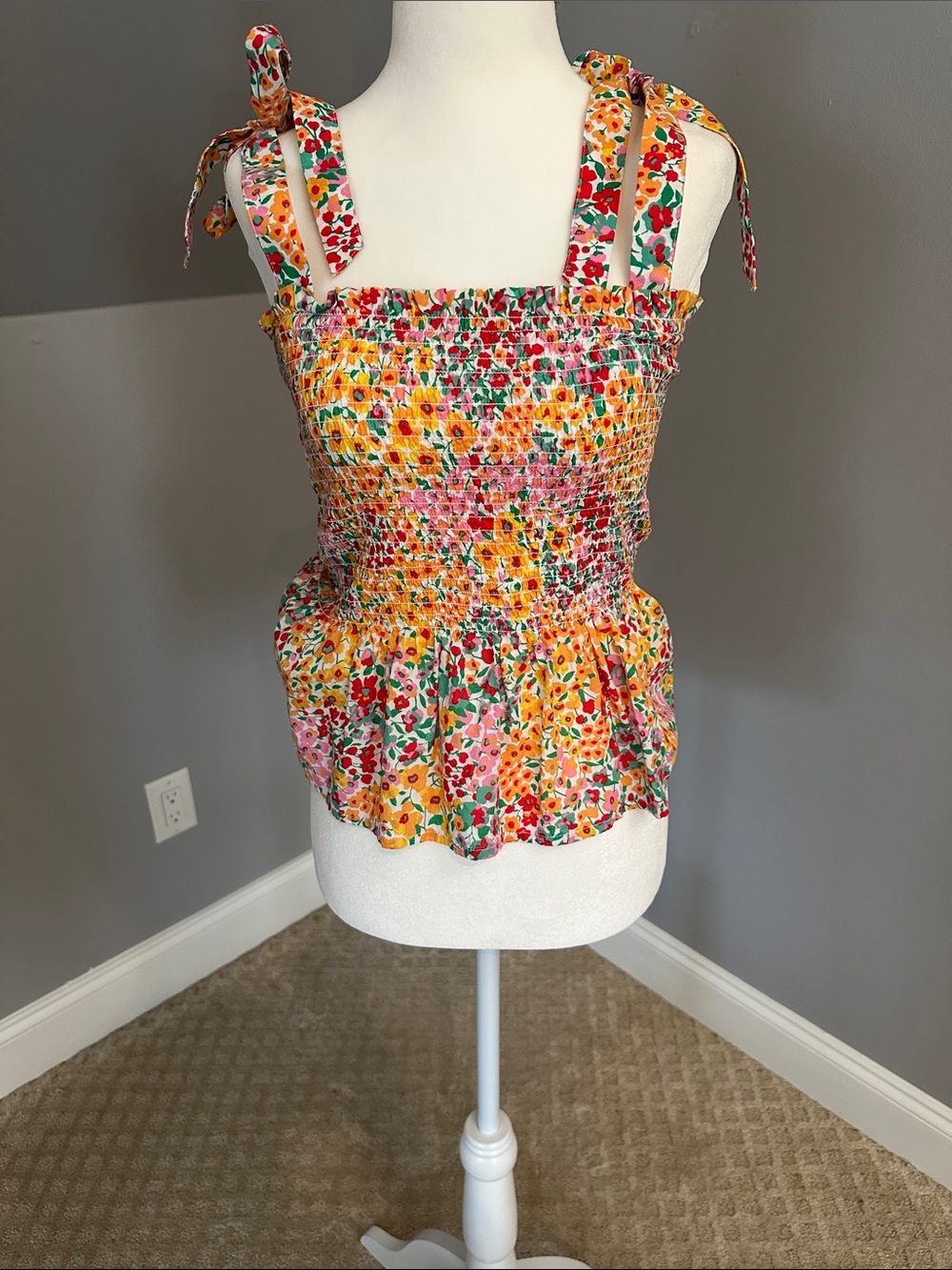 J. Crew Multi-Color Smocked Floral Tie-Shoulder Cami